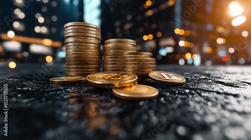 Coins arranged in front of a bank building highlighting trust and financial services in a bustling urban environment