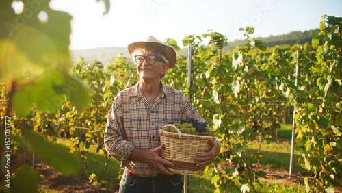 Adult Caucasian grape grower standing between bushes with harvest. Holding basket with tasty fruit. Positively smiling while standing in vineyard. Agriculture concept. Sun shining bright in background