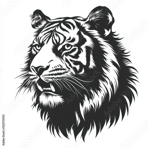Detailed black and white illustration of a tiger's head showcasing fierce expression and dynamic fur texture