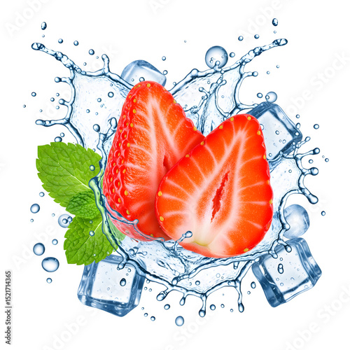 Refreshing Strawberry Splash with Ice Cubes and Mint