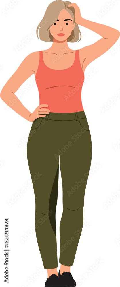 Young woman standing casually with hand on head in sleeveless top and green pants vector illustration Young woman standing casually with hand on head in sleeveless top and green pants vector illustration