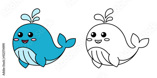 Cute cartoon whale releases a fountain of water. Black and white vector illustration for kids coloring book with example in color