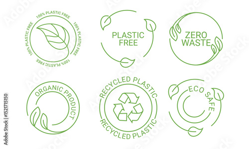 Eco safe, zero waste and recycled material. label set, plastic free, eco friendly with leaf cycle vector template