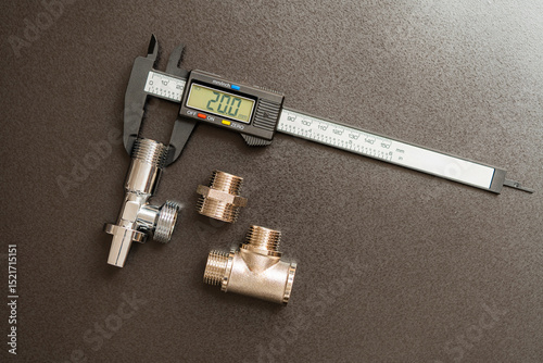 Measuring the diameter of plumbing adapters with an electronic digital caliper, closeup, top view. Plumbing repair concept