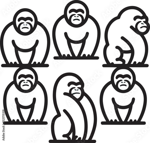 Stylized black and white vector illustrations of gorillas in different poses ideal for graphic designs and illustrations.