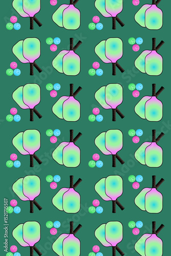 Colorful neon pickleball paddles and balls on green background pattern