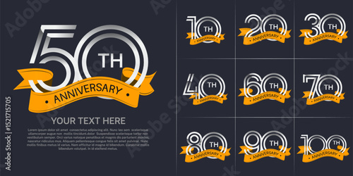Anniversary logo set with double line number style. silver color with yellow ribbon can be use for special moment