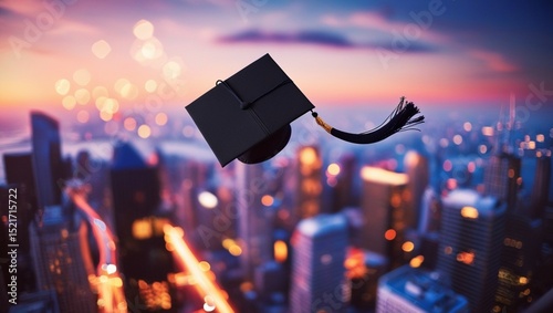 Tossing cap floating into the air over city at sunset with copy space
