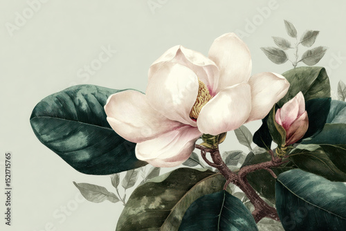 Beautiful magnolia flower illustration with delicate petals and lush green leaves on soft background