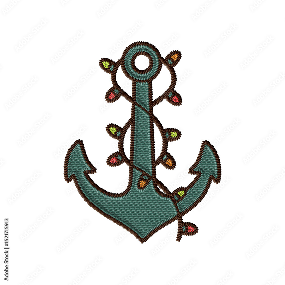 Obraz premium Nautical embroidery clipart of teal anchor wrapped in colorful Christmas string lights. Ideal for July holiday designs, digital crafts, or beach-themed holiday projects.
