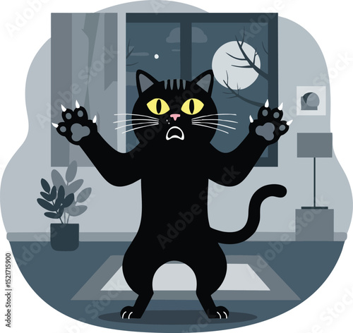 Black cat with raised paws inside room under full moon window spooky night illustration vector 
