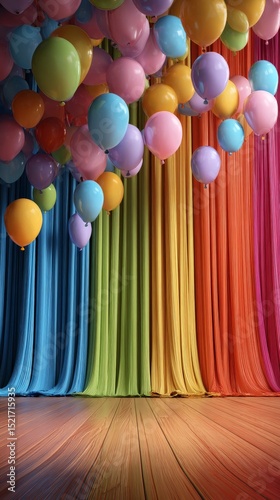 Colorful Balloons Hanging Above Wooden Floor in a Decorated Space for a Festi...