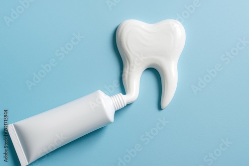 Minimalist dental health concept showing a white toothpaste forming the shape of a molar tooth on a soft blue background, emphasizing oral hygiene photo