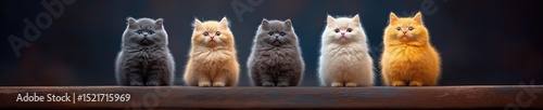Four fluffy cats sitting in a row looking curiously into the distance on a wooden surface in soft lighting