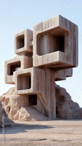 Unique modern architecture featuring geometric shapes in a rugged desert landscape with a clear sky