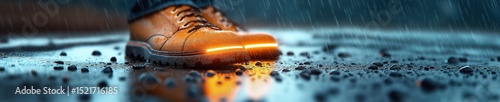 Brightly lit shoes reflect rainwater on a city street during a stormy evening