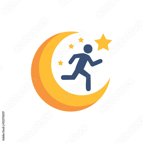 Running man silhouette on crescent moon with stars nighttime activity logo