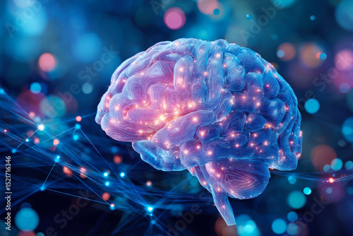 Abstract digital brain illustration with glowing connections and vibrant bokeh background