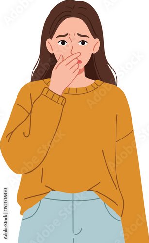 Woman covering mouth with hand feeling worried and anxious in casual clothing vector illustration 