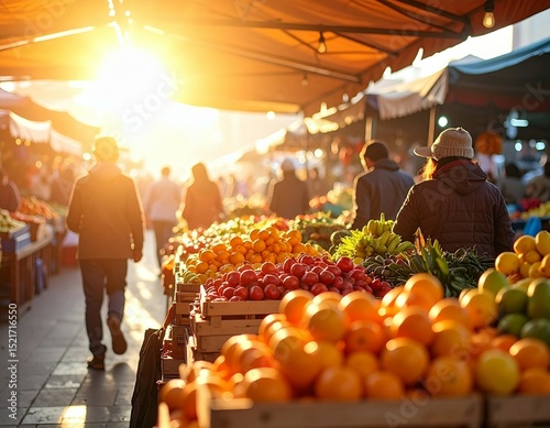 People shopping for produce at a vibrant outdoor market in the sunshine