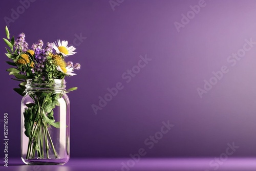 Colorful Bouquet of Fresh Flowers in a Glass Jar on a Purple Background