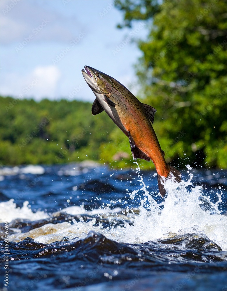 Fototapeta premium A salmon jumping out of the water of a river. 