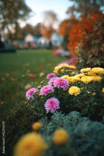 Colorful Flowers Bloom in a Lush Garden During Autumn Evening Near Suburban H...