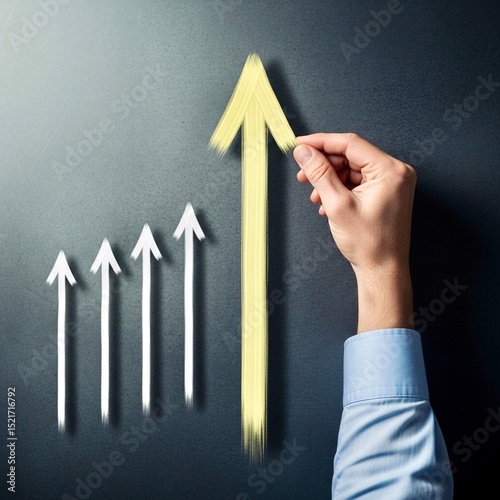 A hand extends a large yellow upward arrow, with three smaller white arrows to its left, on a dark background. This signifies strong progress or growth.
