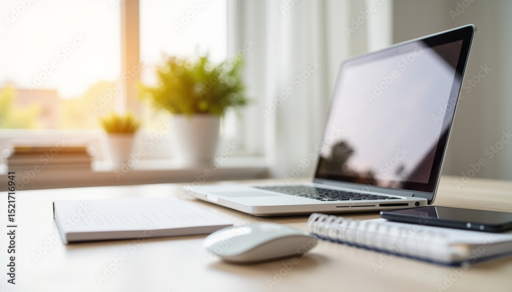 Fototapeta premium Modern workspace with laptop and stationery by the window