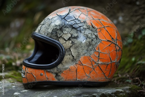 Cracked motorcycle helmet, A cracked motorcycle helmet showing visible damage on the outer shell, indicating it is no longer safe for use photo
