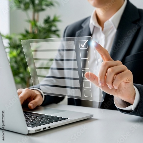 A professional completes a holographic checklist, interactively touching a completed item, while working on a laptop.
