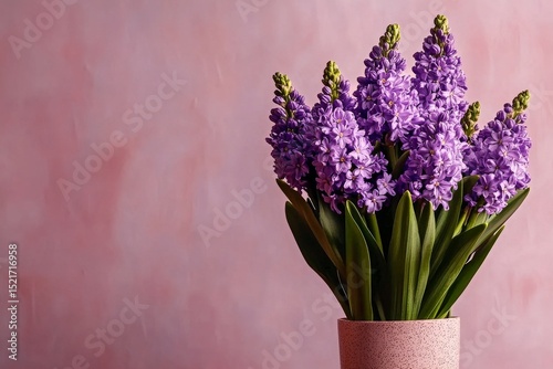 Fresh Purple Hyacinth Flowers in a Decorative Pot on a Soft Pink Background