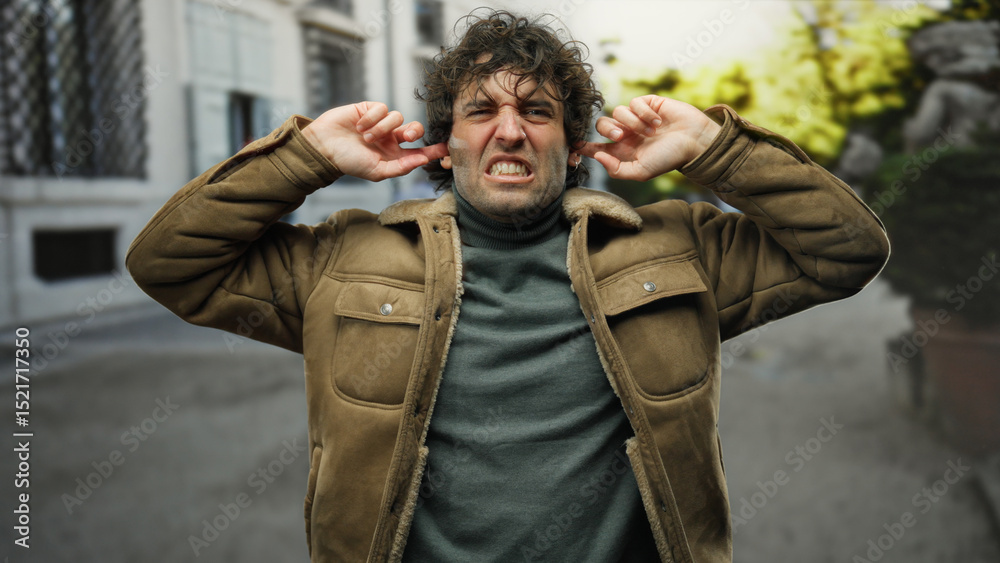 Man outdoors on city street making a frustrated expression with fingers in ears, wearing a brown jacket against an urban backdrop with blurred buildings. Man outdoors on city street making a frustrated expression with fingers in ears, wearing a brown jacket against an urban backdrop with blurred buildings.