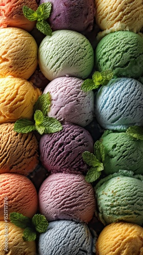 Colorful Assortment of Ice Cream Scoops Arranged Aesthetically With Mint Leaves