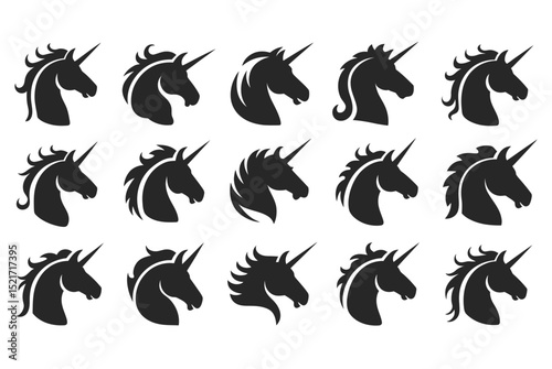 Unicorn Head Silhouettes – Vector Set with Unique Mane Styles (Se)


