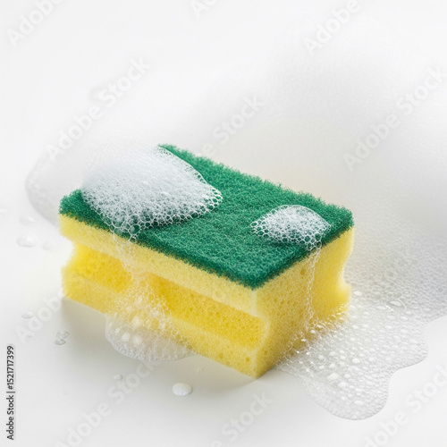 Wet yellow and green scrubbing sponge with white soap suds on a bright, clean surface.

