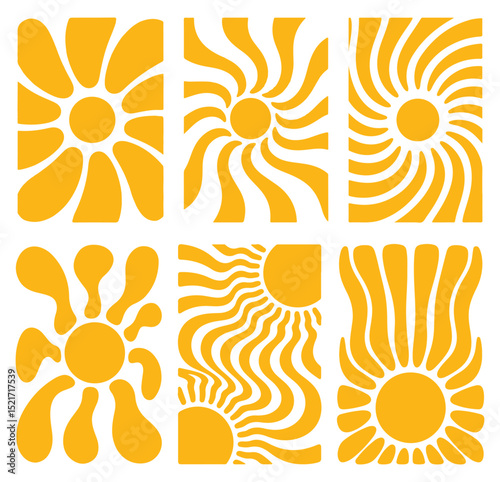 Abstract yellow sun designs in retro groovy style