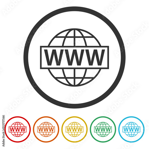 WWW Website icon. Set icons in color circle buttons