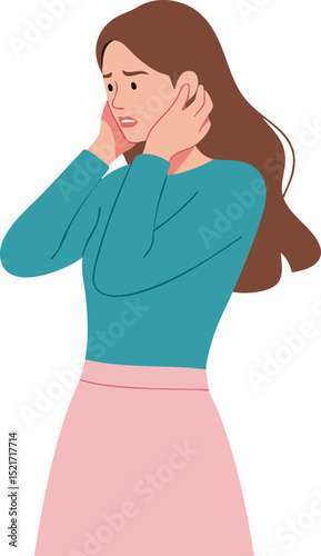 Worried young woman in teal sweater and pink skirt expressing anxiety and concern vector illustration 