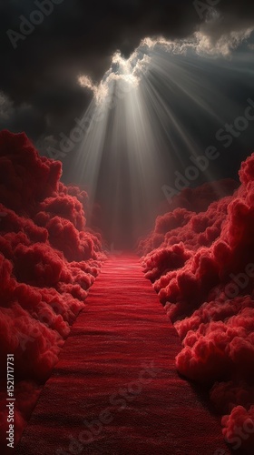 Bright rays illuminate a red cloud pathway leading toward the heavens during a dramatic sunset