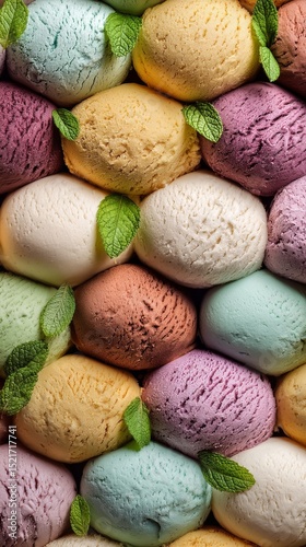 Colorful Ice Cream Scoops Arranged Artistically With Mint Leaves on Top