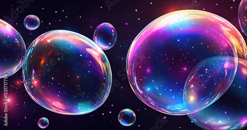 Wallpaper Mural A mesmerizing image showcases a series of iridescent bubbles floating against a dark cosmic background, resembling a nebula filled with stars and vibrant colors. Torontodigital.ca