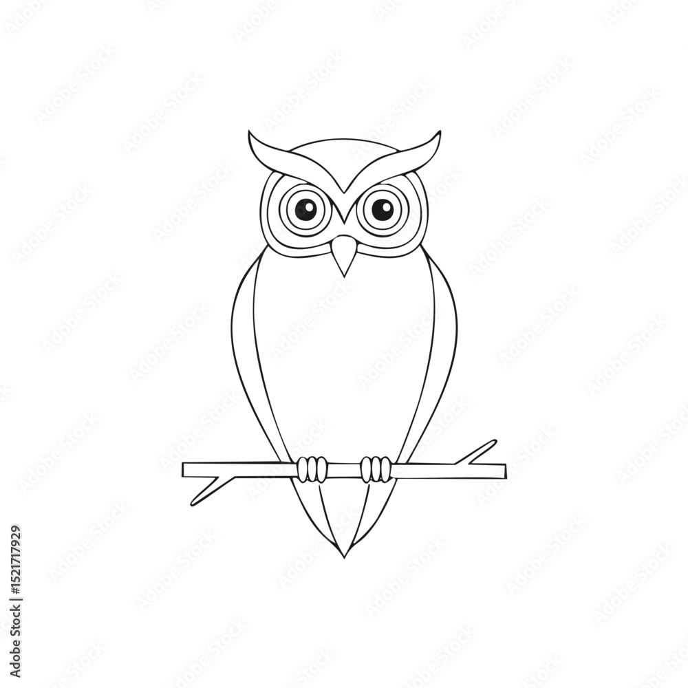 Fototapeta premium Wise owl perched on branch simple line drawing