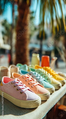 Colorful Sneakers Displayed at a Vibrant Outdoor Market Near Palm Trees in Wa...