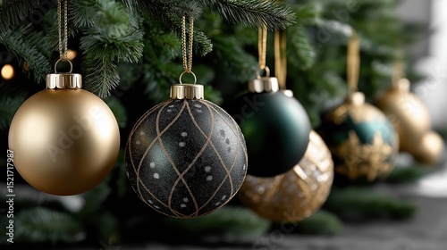 Festive green Christmas tree decorated with golden ornaments and shimmering baubles