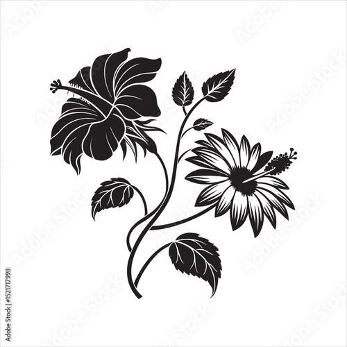 lack Sunflower and Hibiscus Flower Silhouette Vector