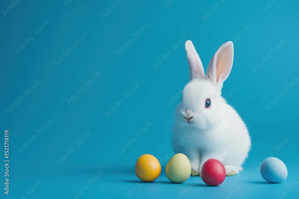 Obraz premium Cute bunny with colorful eggs on blue, A cute bunny surrounded by colorful eggs on a blue background, evoking a cheerful springtime scene