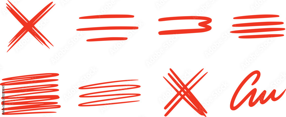 Obraz premium Red Hand-Drawn Sketch Marks Scribbles, Crosses, and Underlines