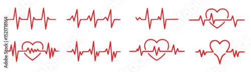 Red heartbeat ecg line set on white background