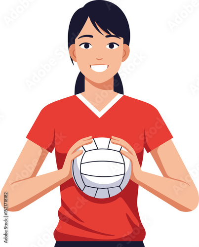 Female volleyball player holding ball in red jersey smiling friendly portrait vector illustration 